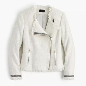 J.Crew Ivory White Tweed Fringe Blazer Motorcycle Jacket